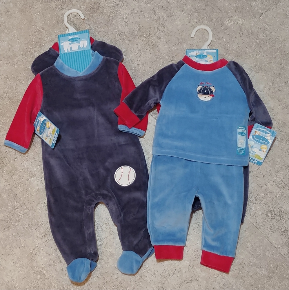 3-6 months, 3 piece set...2 complete outfits by ‘bon bebe’ w/baseball applique